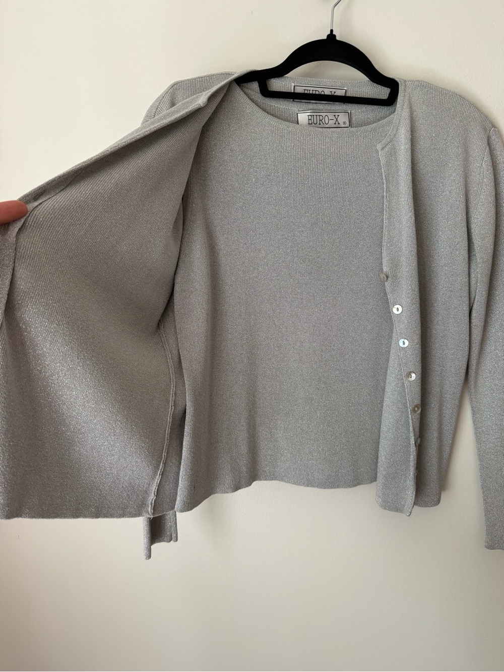 Vintage Euro-X Metallic Silver Silk Knit 2-Piece Twin Set - Cardigan & Tank, M